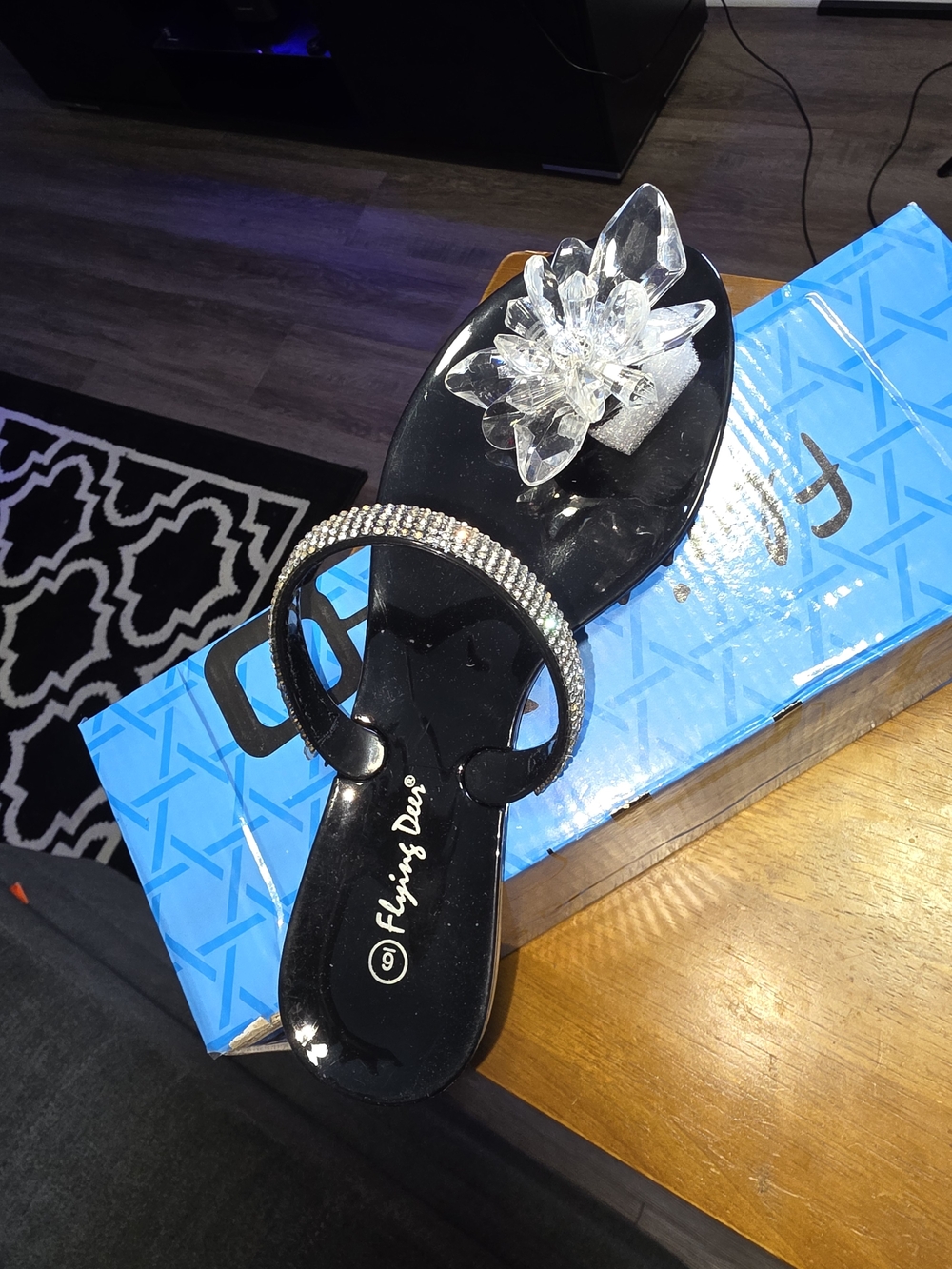 Black Slide Sandal with Clear Crystal Accent